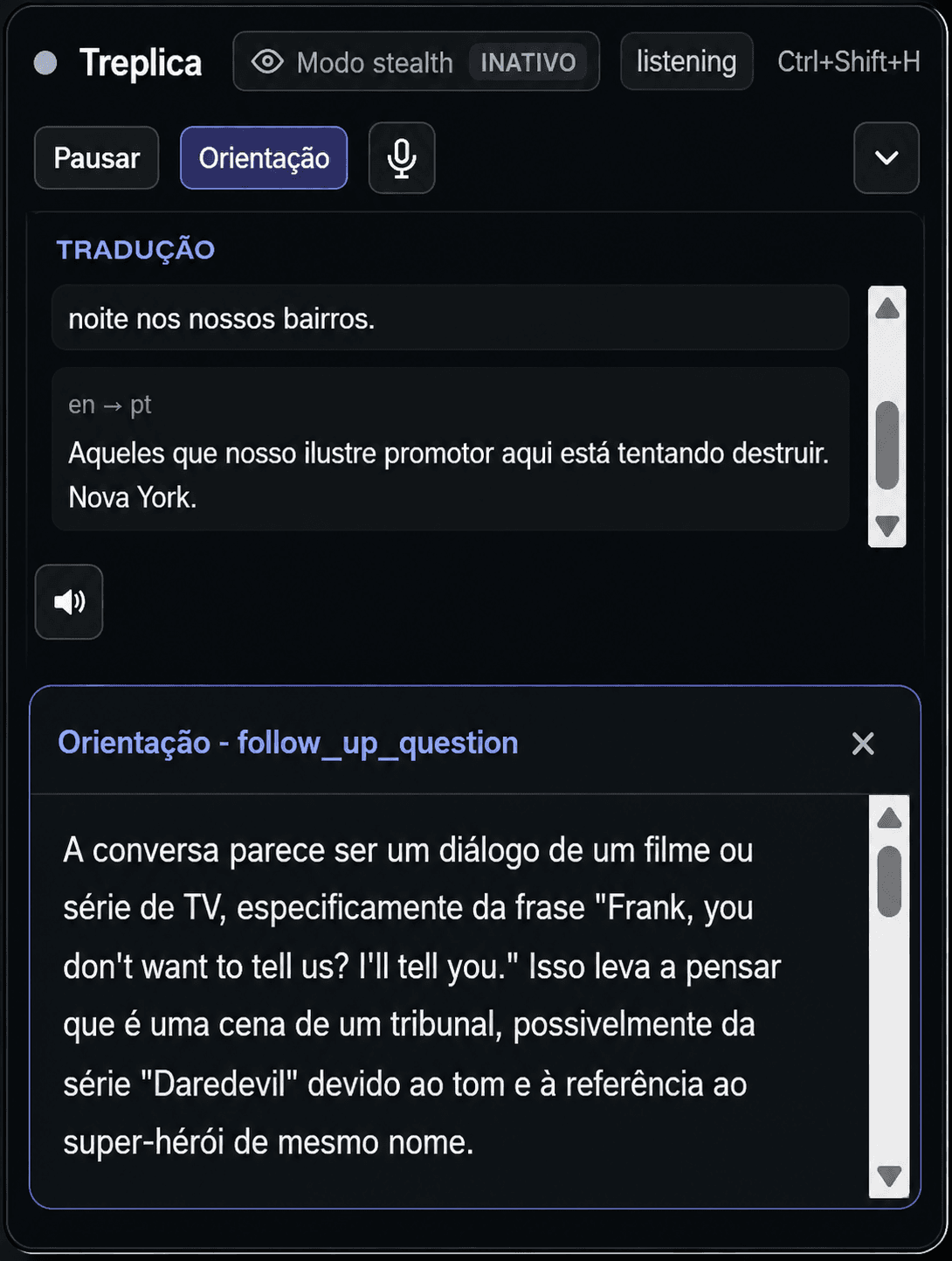 Painel de orientação de IA durante reunião